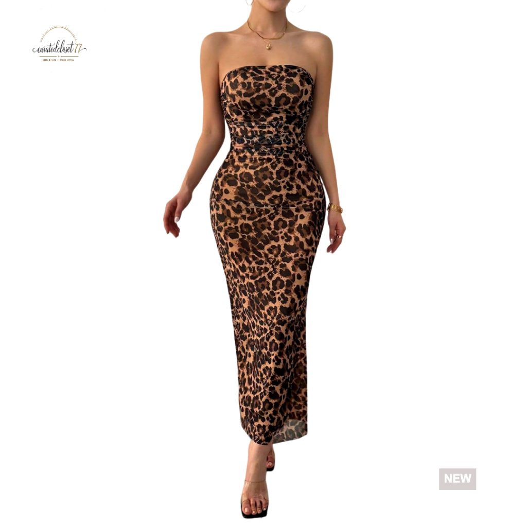 Strapless Tube Bodycon Maxi Dress With Side Slit Mesh Layering